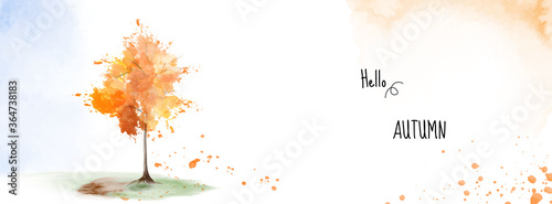 Autumn banner background with a tree on watercolor stain painting