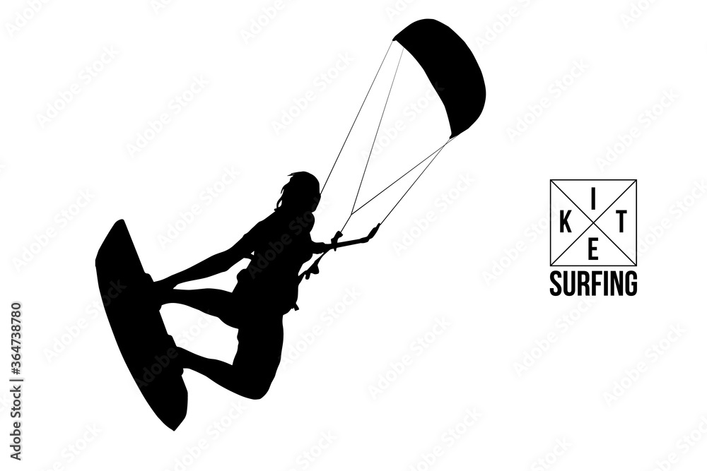Kitesurfing and kiteboarding. Silhouette of a kitesurfer. Man in a jump performs a trick. Big air competition. Vector illustration. Thanks for watching