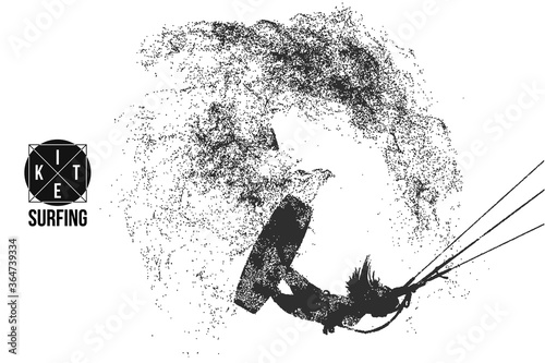 Kitesurfing and kiteboarding. Silhouette of a kitesurfer. Woman in a jump performs a trick. Big air competition. Vector illustration. Thanks for watching