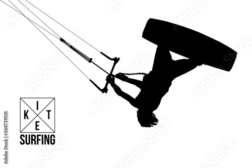 Kitesurfing and kiteboarding. Silhouette of a kitesurfer. Man in a jump performs a trick. Big air competition. Vector illustration. Thanks for watching