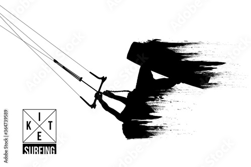 Kitesurfing and kiteboarding. Silhouette of a kitesurfer. Man in a jump performs a trick. Big air competition. Vector illustration. Thanks for watching