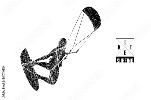 Kitesurfing and kiteboarding. Silhouette of a kitesurfer. Man in a jump performs a trick. Big air competition. Vector illustration. Thanks for watching