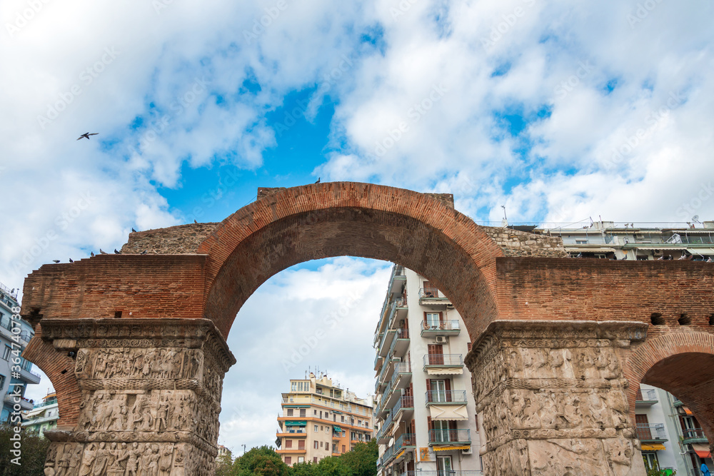 THESSALONIKI, GREECE - November 30, 2019: Arch of Galerius or Kamara and the Rotunda are neighbouring early 4th-century AD monuments in the city of Thessaloniki, Greece