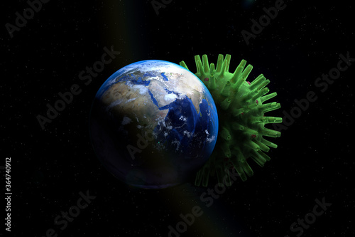 Planet earth and virus. Great danger to the world covid-19 attack 3d render photo manipulation, corona virus illustration
