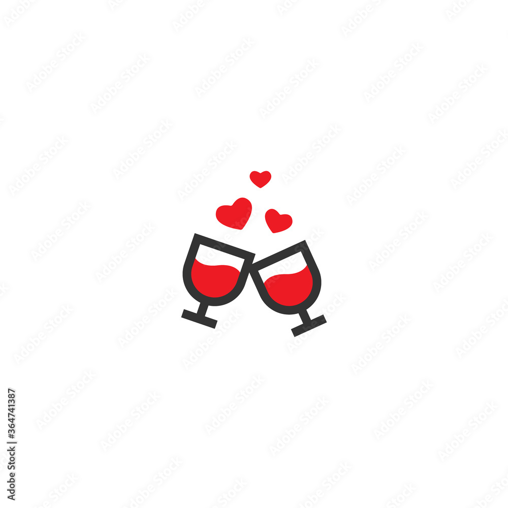 couple of wine glasses with red hearts isolated on white background.