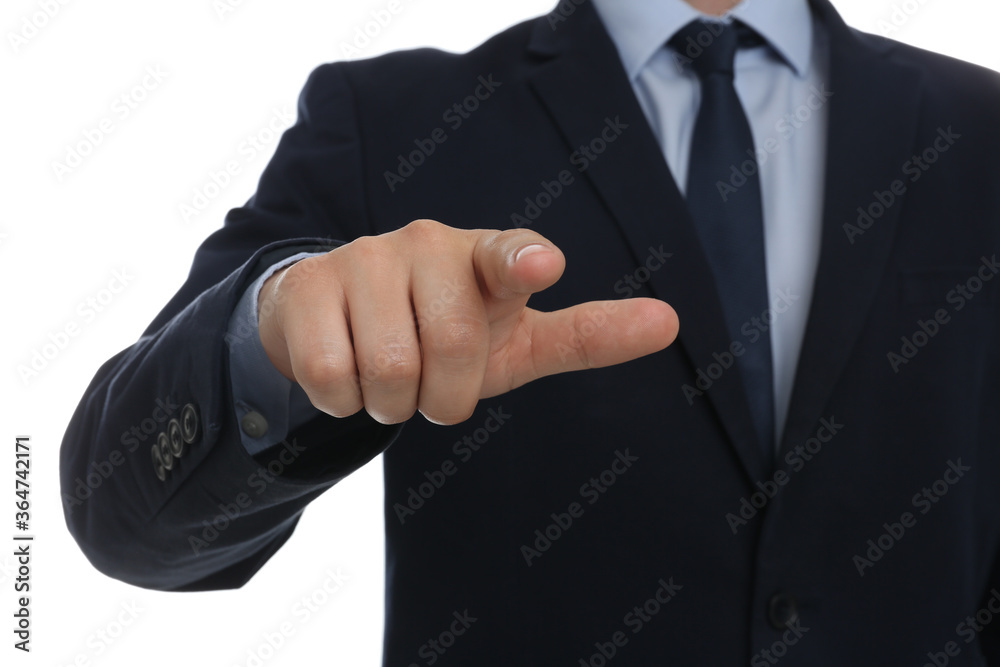 Obraz premium Businessman touching something against white background, focus on hand