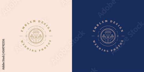 Minimal vector illustration of linear style emblem template with female hands holding luxury