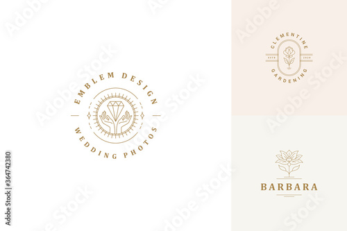 Vector line logos emblems design templates set - female gesture hands and flowers illustrations