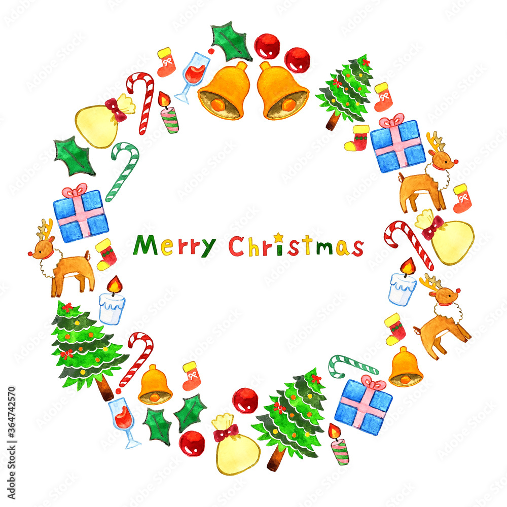 Fototapeta premium 絵本風のかわいいクリスマスリース水彩イラスト