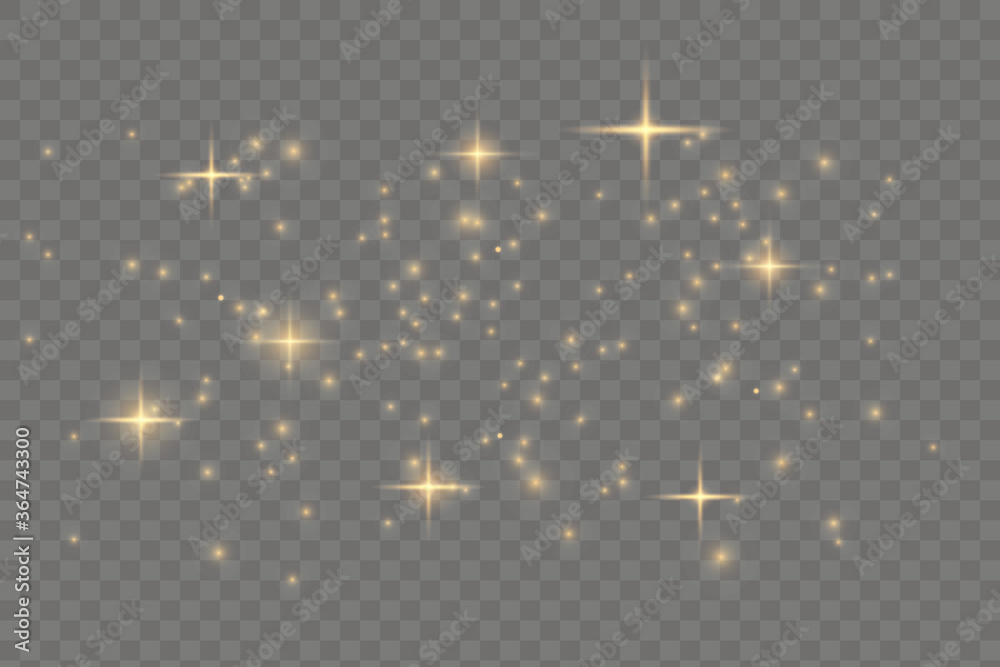 The dust sparks and golden stars shine with special light. Vector sparkles on a transparent background. Chr