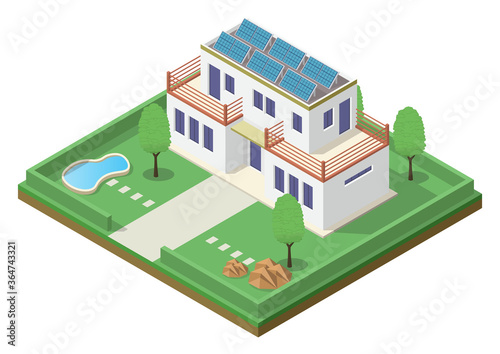 Isometric Green Eco Friendly House With Solar Panel.