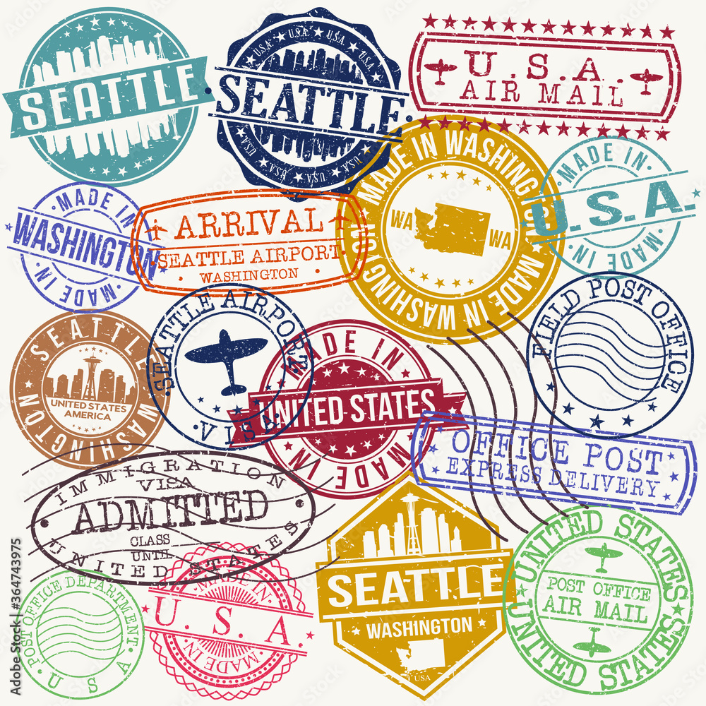 Seattle Washington Stamp Vector Art Postal Passport Travel Design Set ...