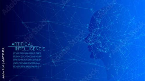 Artificial intelligence. Concept of digital neural networks. Modern technology blue background. Face of cyber mind. Big data flow, analysis information. Vector illustration.