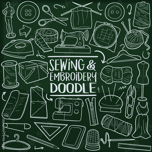 Sewing and Embroidery. Chalkboard Doodle Icons. Sketch Hand Made Design Vector Art.