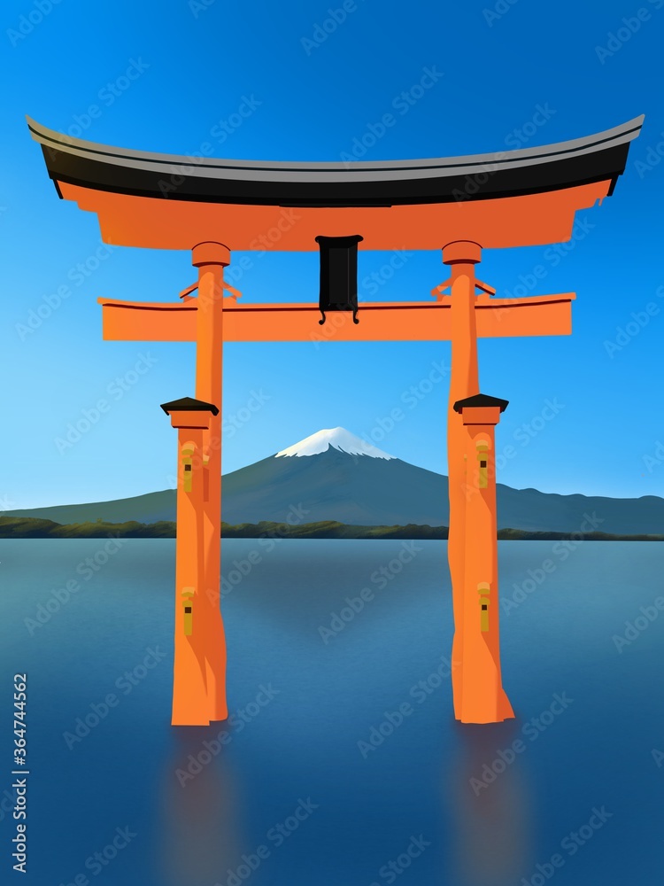 Beautiful orange Torii in ocean in front of Fuji mountain on morning Beautiful orange Torii in ocean in front of Fuji mountain on morning