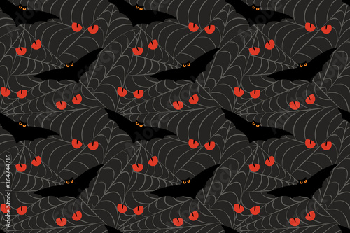 Angry bats and cat eyes in spider web seamless pattern. Halloween hand drawn illustration for fabric, textile, wallpaper, wrapping paper,  background