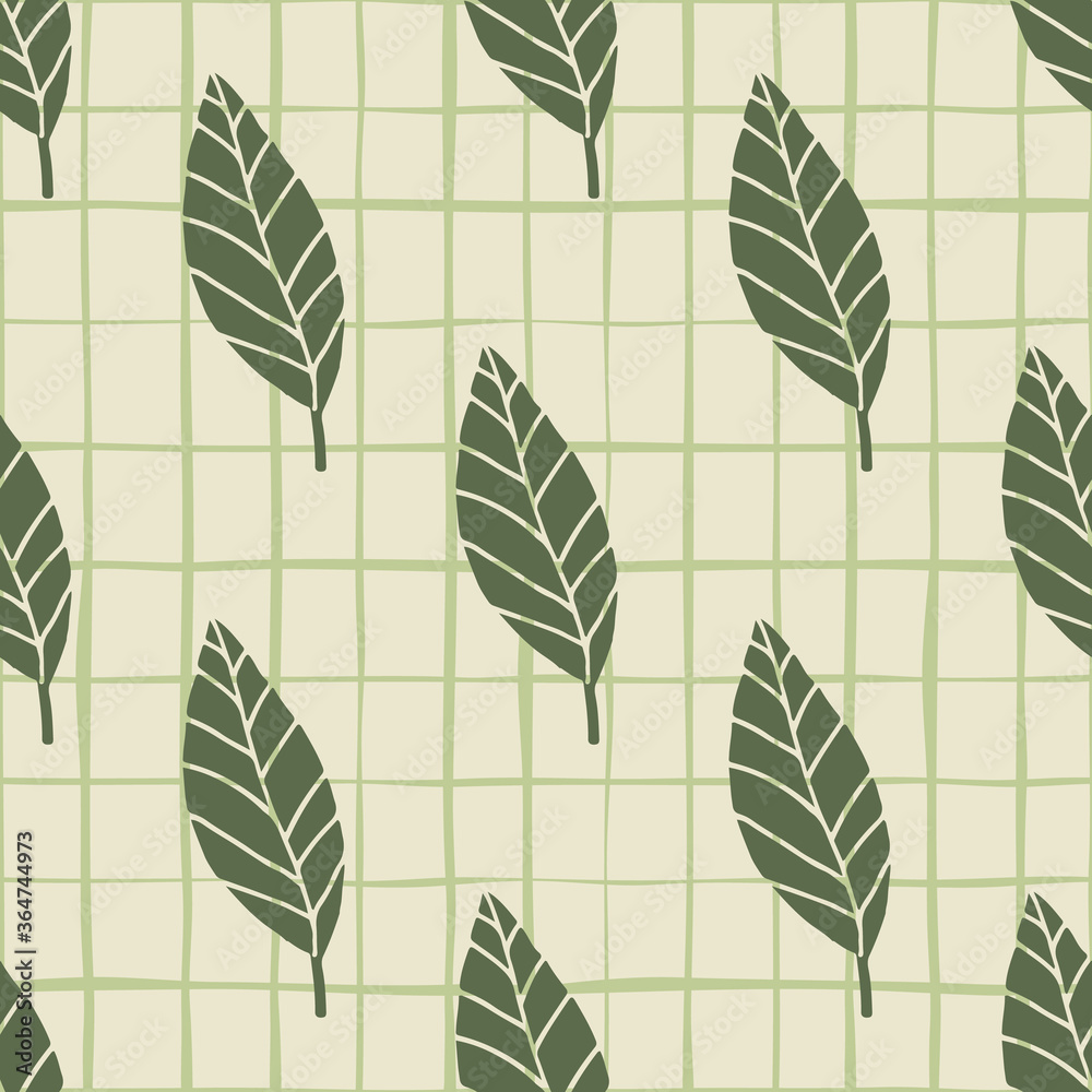 Dark green geometric leaves seamless pattern. Light pastel background with check. Floral simple design.