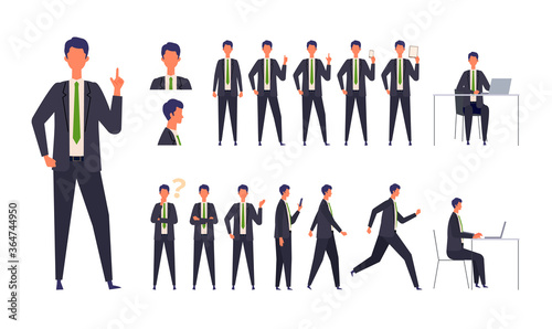 Set of businessman characters in different poses. Working, standing, walking, sitting and running.
