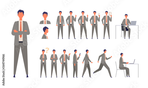 Set of businessman characters in different poses. Working, standing, walking, sitting and running.