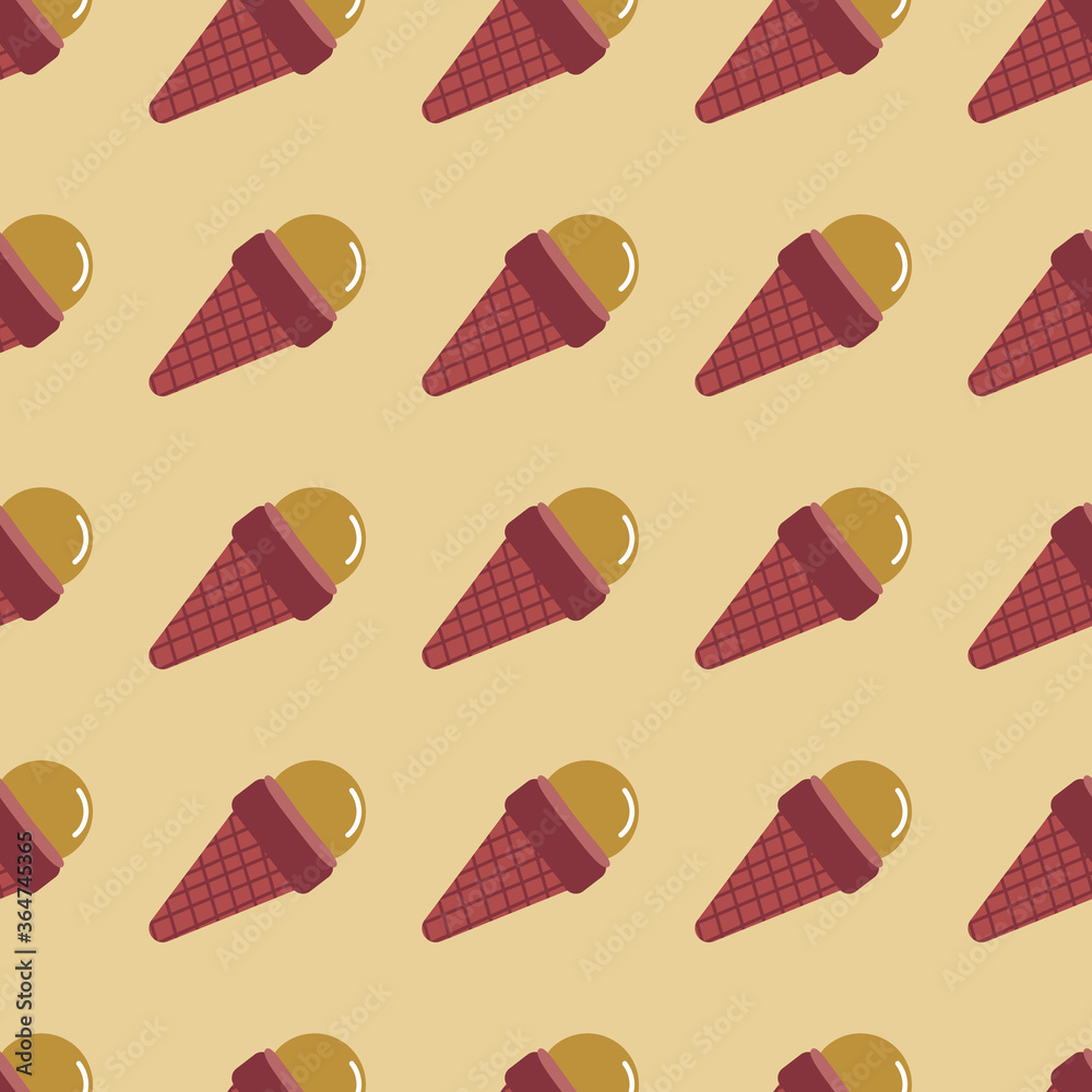 Ice cream in waffle cone seamless food pattern. Design in burgundy and beige colors. Simple wallpaper.
