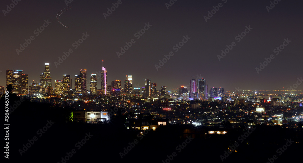 Los Angeles, USA, panorama view over the downtown by night, beautiful illuminations