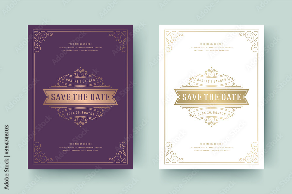 Wedding invitation save the date card template golden flourishes ornaments vignette swirls Wedding invitation save the date card template golden flourishes ornaments vignette swirls