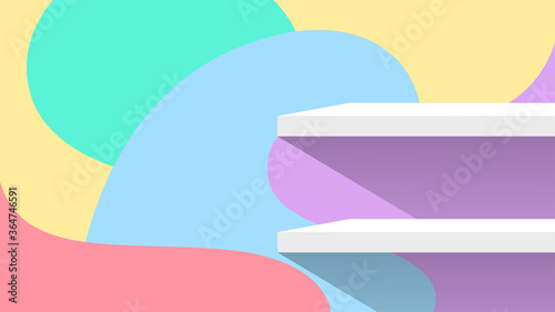 plank shelf white on wall blob shape pastel color for product display, background wall blob shape pattern and table shelves shelf for cosmetics ad pastel soft, plank on wall pastel color