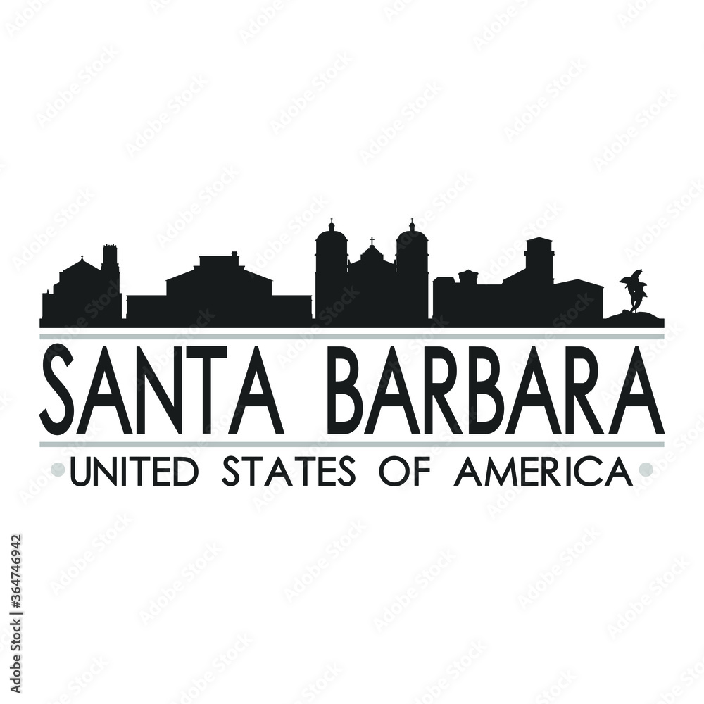 Santa Barbara California USA Skyline Silhouette Design City Vector Art Famous Buildings.