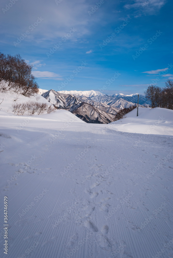 white snow and beautiful landscape during winter season in Japan against blue sky background