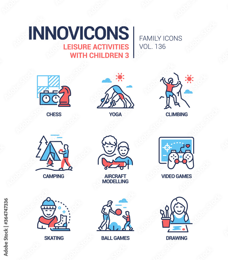Leisure activities for children - line design style icons set