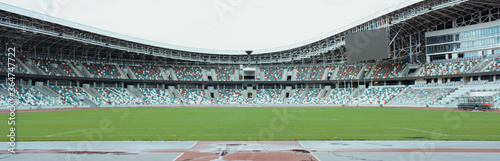 WIDE View of empty stadium seats before game or during Coronavirus COVID-19 pandemic