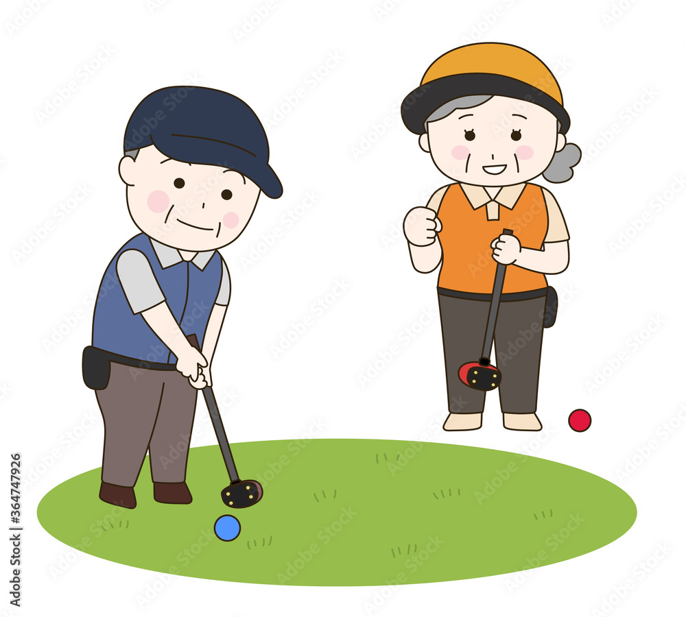 Elderly man and woman playing park golf. Vector illustration isolated on white background. Elderly man and woman playing park golf. Vector illustration isolated on white background.