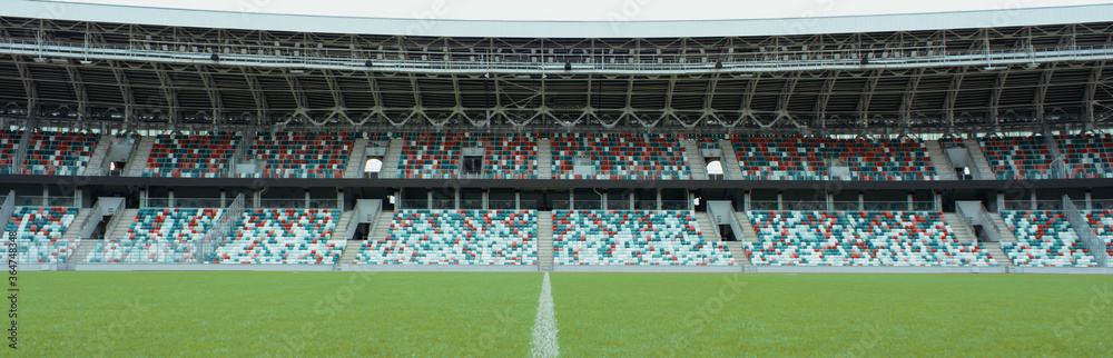 WIDE View of empty stadium seats before game or during Coronavirus COVID-19 pandemic