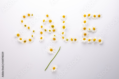 Inscription SALE composed of chamomile or daisy flowers on white background.Top view.