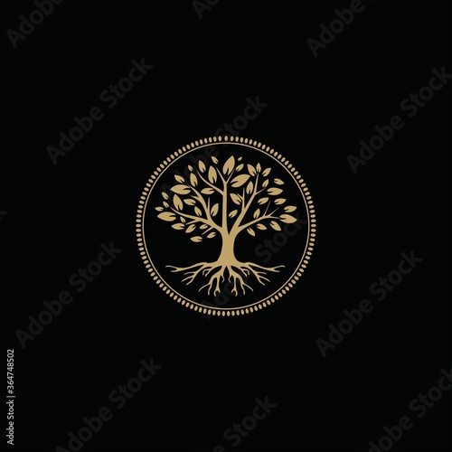 golden Tree of Life Stamp Seal Emblem Oak Banyan Maple logo design