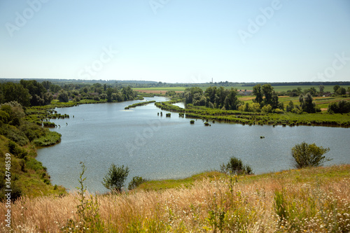  View from the mountain to the spilled river, the shore in summer flowers.  Ukrainian landscape © Anna