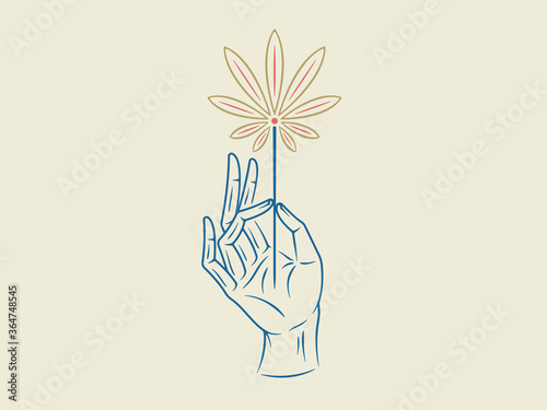 Hand with leaf of Cannabis Sativa colored vector illustration