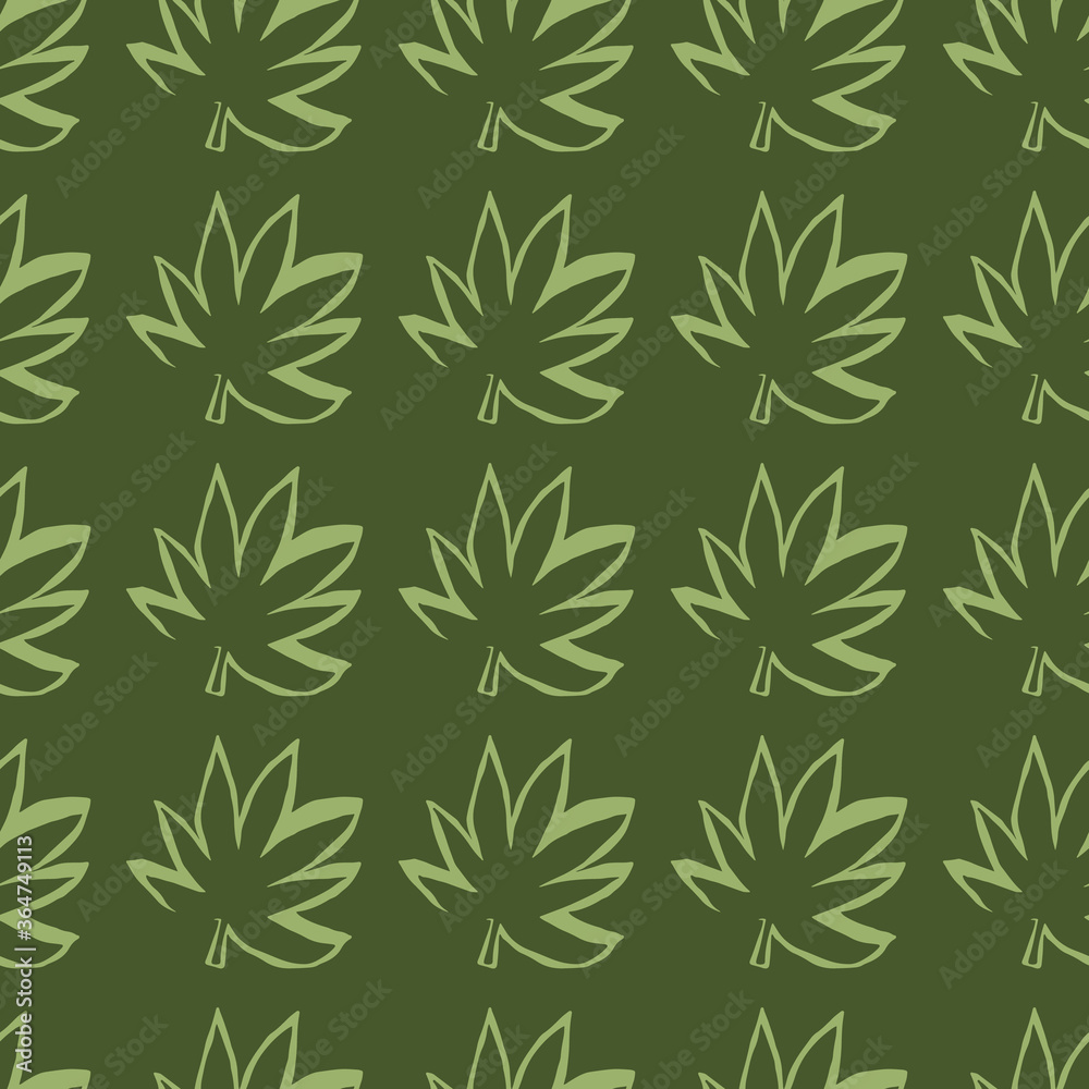 Geometric seamless pattern on dark grey background with green cannabis leaves. Cannabis outline silhouette endless wallpaper. Vector fabric design