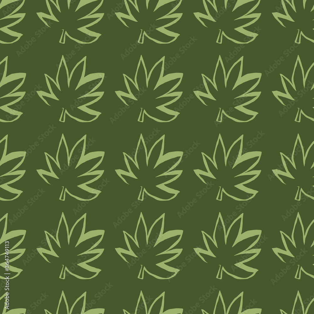 Geometric seamless pattern on dark grey background with green cannabis leaves. Cannabis outline silhouette endless wallpaper. Vector fabric design Geometric seamless pattern on dark grey background with green cannabis leaves. Cannabis outline silhouette endless wallpaper. Vector fabric design