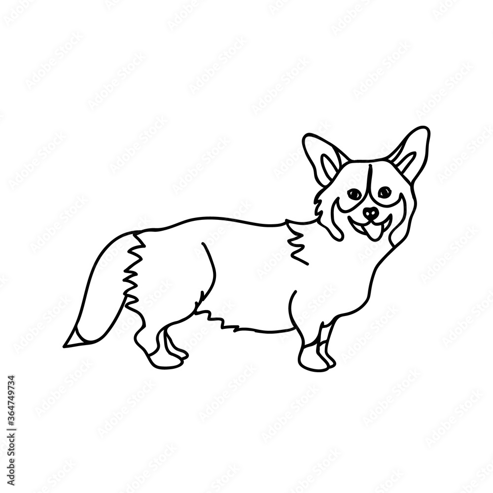 Cute corgi dog standing and smiling with his tongue out. Black and white outline vector illustration. Print or tattoo design.