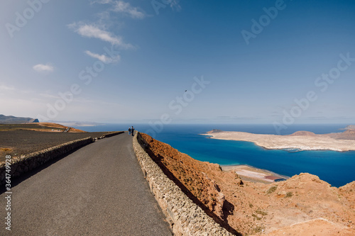 Viewpoint with La Graciosa at Lanzarote. Panorama of scenic view of La Graciosa Island