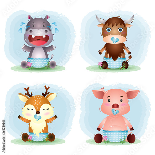 baby animals: hippo, yak, deer and pig