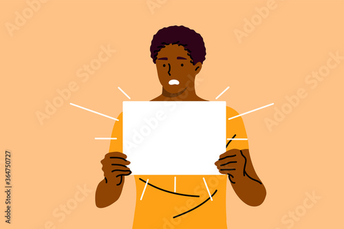 Protest, activism, discrimination, banner concept. Young serious african american man guy activist protester holding empty blank poster placard. Racial intolerance and black lives matter illustration.