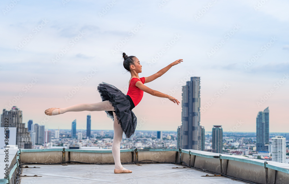 Young Ballerina  dancers with strong legs on the roof of the building background with the sky and cloud. The dance with a delicate style is beautiful, creating an impression and success.