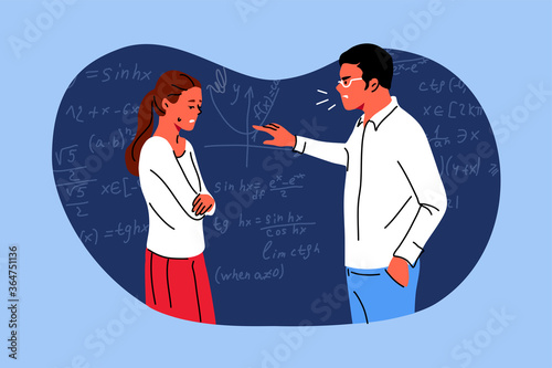 Education, guilt, conflict, conviction concept. Young angry man teacher in class swearing at sad guilty woman girl student for misbehavior. Punishment for being late educational process illustration.