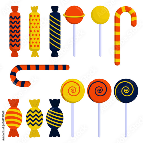 Flat vector illustration: set of sweets and candy. Happy Halloween.