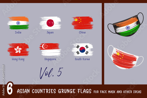 6 Asian countries grunge flags for face mask and other ideas. India, Japan, China, Hong Kong, Singapore, South Korea. All elements are on separate layers. Vector Illustration.