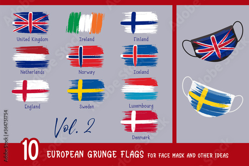 10 European grunge flags for face mask and other ideas. United Kingdom, Ireland, Finland, Netherlands, Norway, Iceland, England, Sweden, Luxembourg, Denmark. All elements are on separate layers.