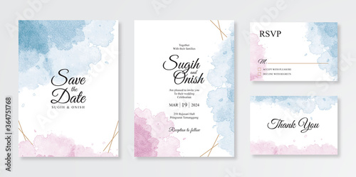 Beautiful set of wedding invitation templates with watercolor splashes