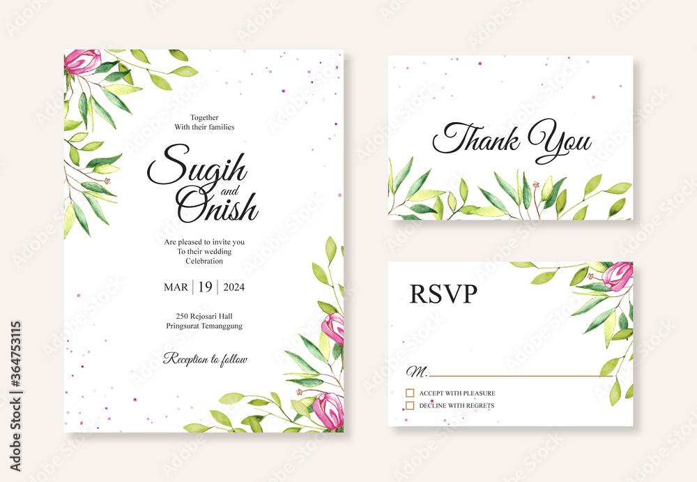 Hand painting watercolor floral for beautiful wedding invitation card template